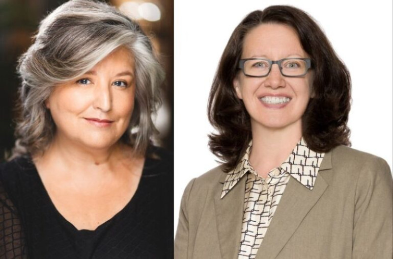 Side-by-side portraits of Catherine MacKinnon with wavy grey hair in a black top, and Lenore MacAdam with shoulder-length dark hair, glasses, and a beige blazer over a patterned shirt.