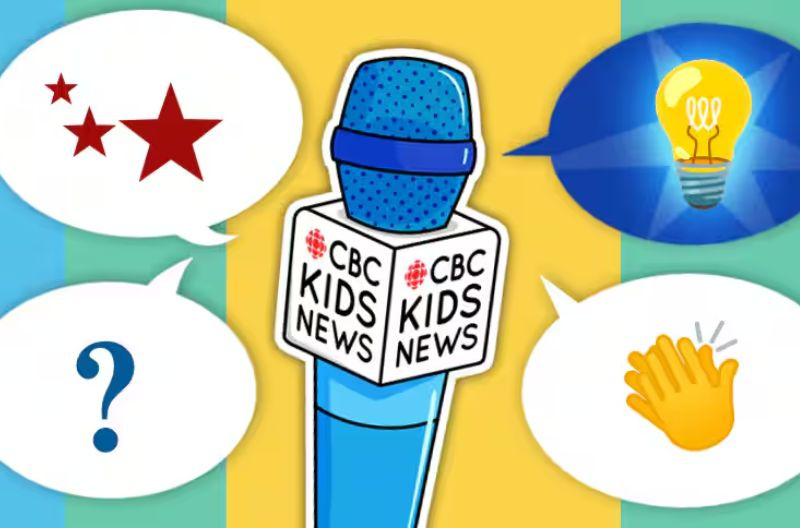 A colourful cartoon-style illustration featuring a blue microphone with “CBC Kids News” written on it in four panels and a colourful background.