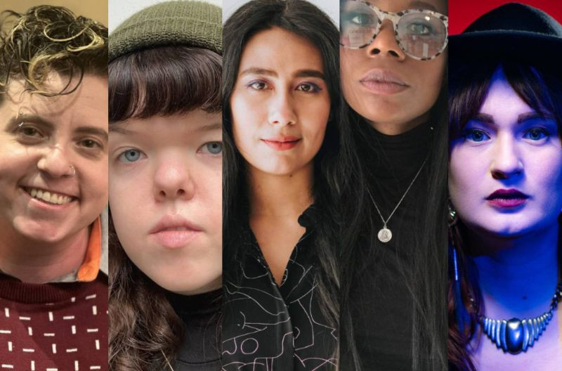 A composite image featuring five participants of the Disabled Producers Lab, each in individual portrait shots.